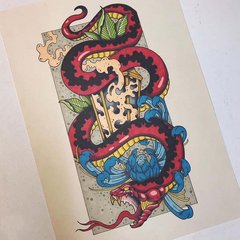 做美容的空先生蛇彼岸花纹身手稿